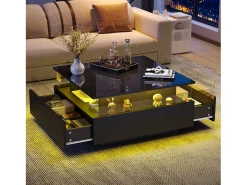 Mesa de centro moderna com 2 gavetas e espaço transparente - 70 x 70 x 41 cm - LEDs - Aglomerado - Preto brilhante