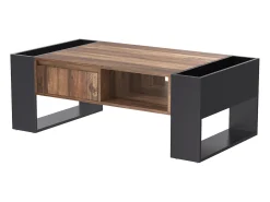 Mesa de centro moderna com gaveta e compartimentos de armazenamento, madeira natural, cinza-preto