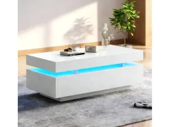 Mesa de centro moderna com acabamento laqueado brilhante - 100 x 50 x 35 cm - com 2 gavetas + LEDs - aglomerado - branca