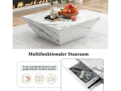 Mesa de centro moderna de tambor, Mesa de sala em folheado de mármore branco, 2 gavetas, madeira MDF, 70 x 70 x 37cm