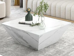 Mesa de centro moderna de tambor, Mesa de sala em folheado de mármore branco, 2 gavetas, madeira MDF, 70 x 70 x 37cm