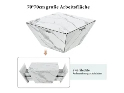 Mesa de centro moderna de tambor, Mesa de sala em folheado de mármore branco, 2 gavetas, madeira MDF, 70 x 70 x 37cm