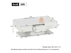 Mesa de centro moderna laqueada - 100 x 60 x 33,5 cm - com 2 gavetas - aglomerado - branca