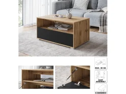 Mesa de centro moderna retangular com prateleira e compartimento, 90 cm, carvalho wotan, preto mate