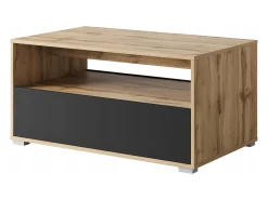 Mesa de centro moderna retangular com prateleira e compartimento, 90 cm, carvalho wotan, preto mate