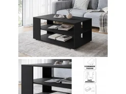 Mesa de centro moderna retangular simples com 2 prateleiras, 100 cm, preto mate