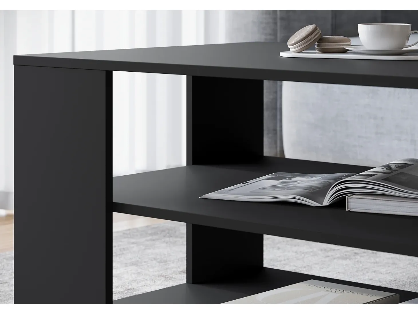 Mesa de centro moderna retangular simples com 2 prateleiras, 100 cm, preto mate