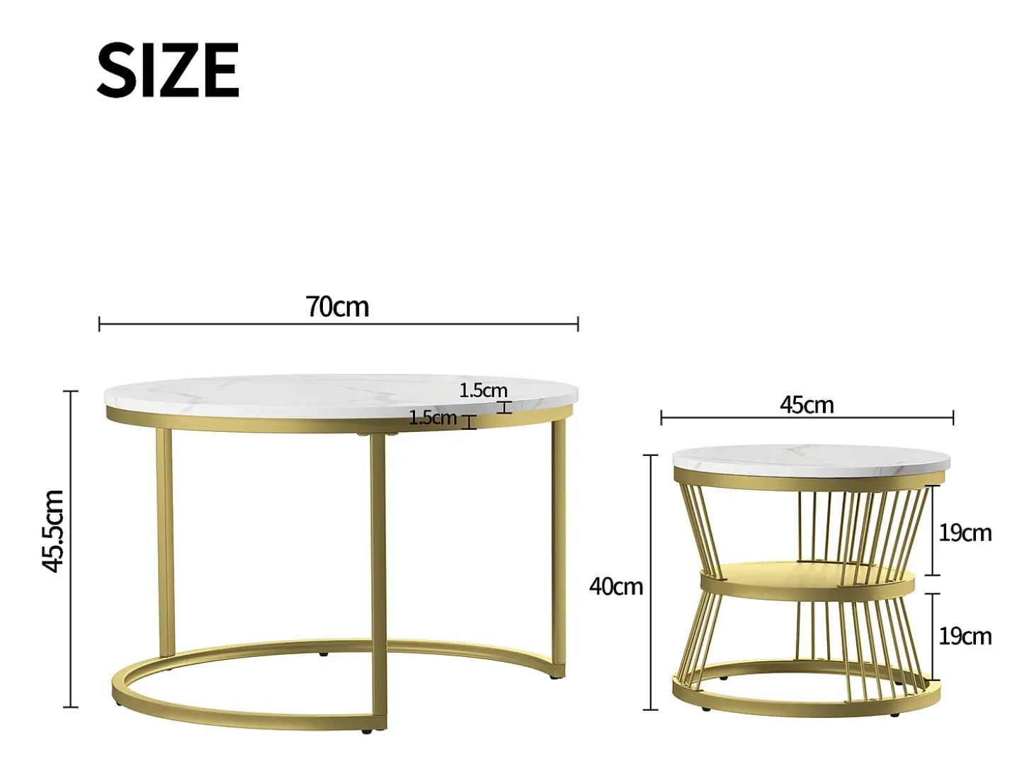 Mesa de centro moderna redonda encaixável - Estrutura em metal, Mesa grande: 70 x 45 cm, Mesa pequena: 45 x 40 cm - Dourado