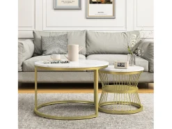 Mesa de centro moderna redonda encaixável - Estrutura em metal, Mesa grande: 70 x 45 cm, Mesa pequena: 45 x 40 cm - Dourado