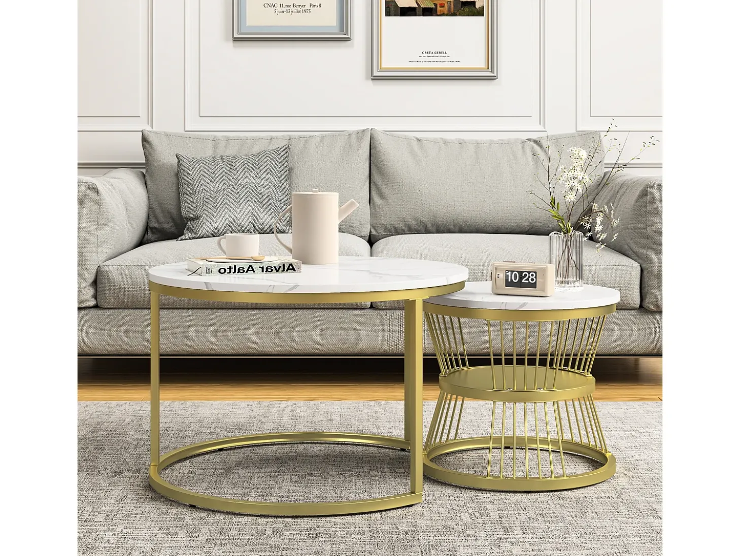 Mesa de centro moderna redonda encaixável - Estrutura em metal, Mesa grande: 70 x 45 cm, Mesa pequena: 45 x 40 cm - Dourado