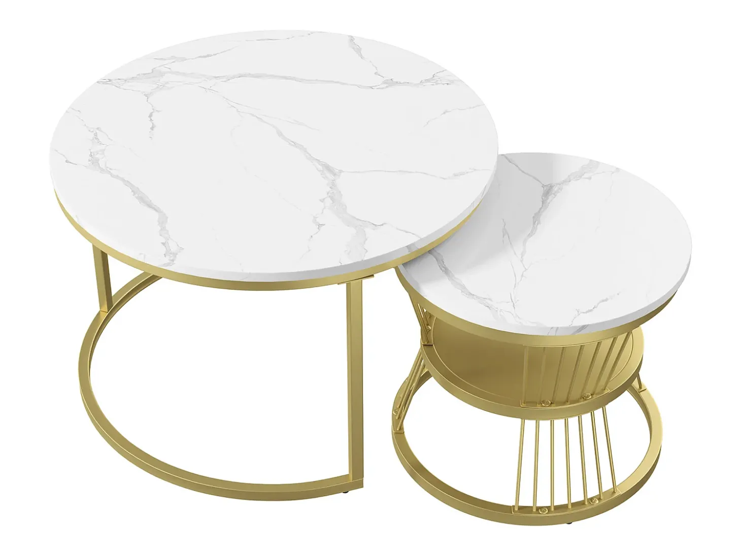 Mesa de centro moderna redonda encaixável - Estrutura em metal, Mesa grande: 70 x 45 cm, Mesa pequena: 45 x 40 cm - Dourado