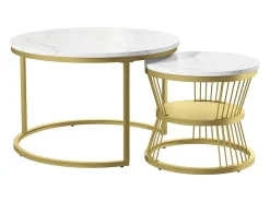 Mesa de centro moderna redonda encaixável - Estrutura em metal, Mesa grande: 70 x 45 cm, Mesa pequena: 45 x 40 cm - Dourado