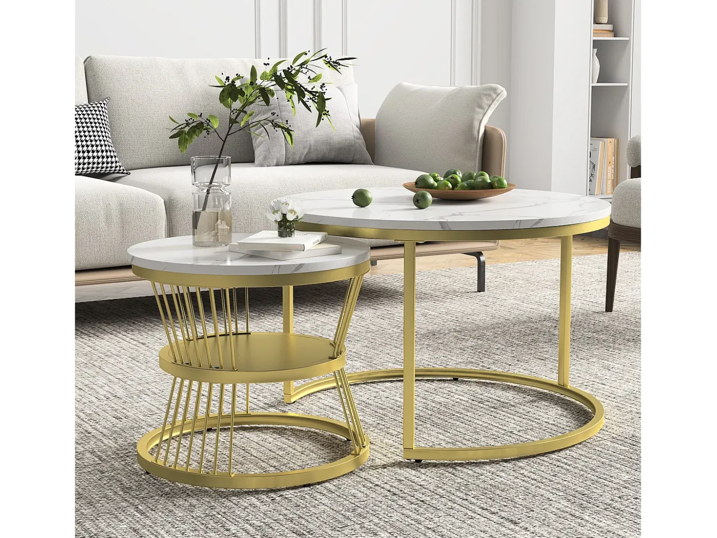 Mesa de centro moderna redonda encaixável - Estrutura em metal, Mesa grande: 70 x 45 cm, Mesa pequena: 45 x 40 cm - Dourado