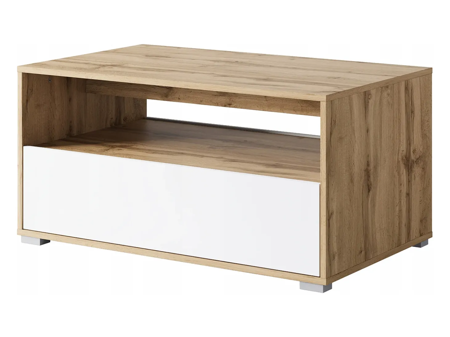 Mesa de centro moderna retangular com prateleira e compartimento, 90 cm, carvalho wotan, branco mate