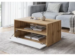 Mesa de centro moderna retangular com prateleira e compartimento, 90 cm, carvalho wotan, branco mate