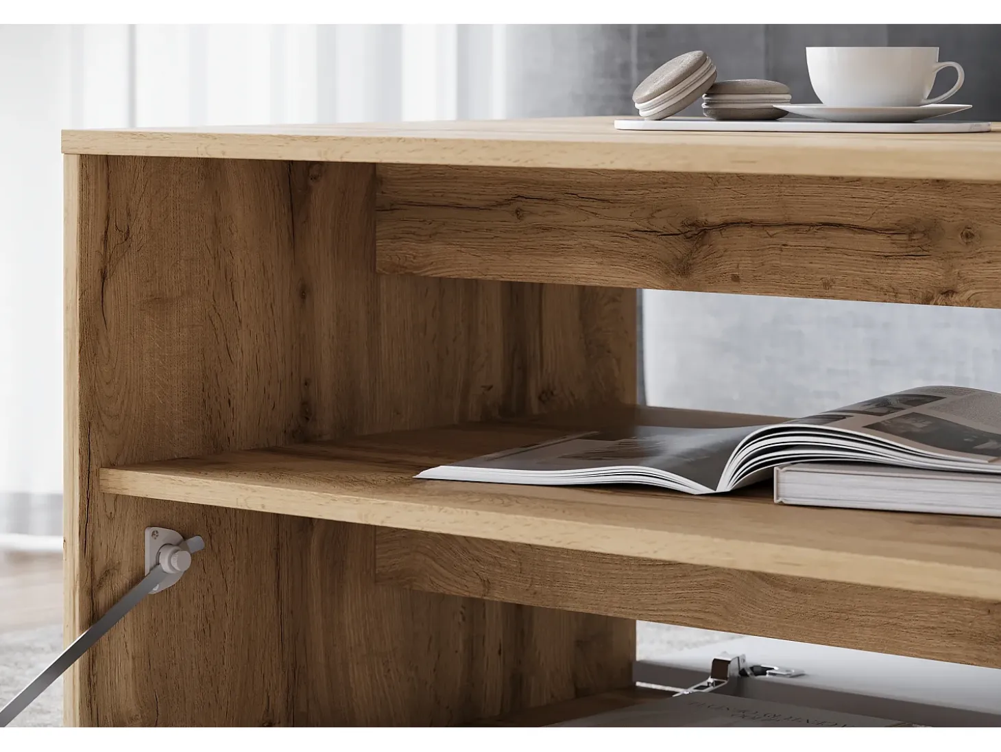 Mesa de centro moderna retangular com prateleira e compartimento, 90 cm, carvalho wotan, branco mate