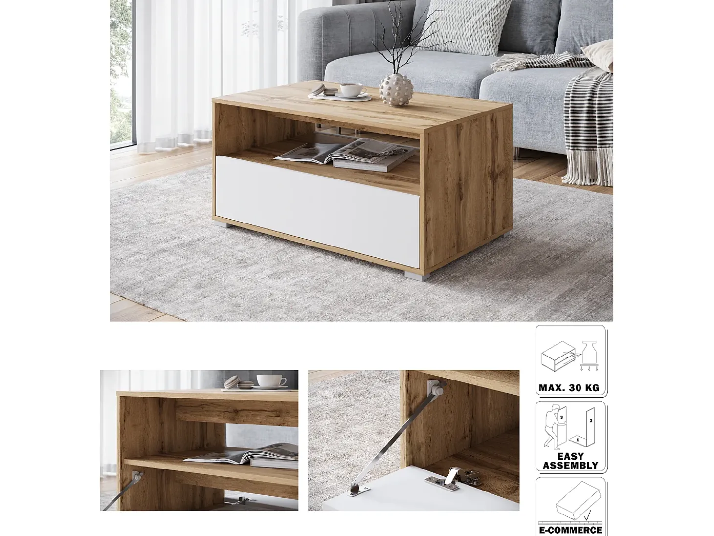 Mesa de centro moderna retangular com prateleira e compartimento, 90 cm, carvalho wotan, branco mate
