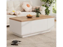 Mesa de centro moderna 100x50x40 cm - com 2 portas - mecanismo duplo de elevação - compartimento oculto - Branco+Natural