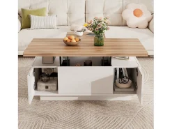 Mesa de centro moderna 100x50x40 cm - com 2 portas - mecanismo duplo de elevação - compartimento oculto - Branco+Natural
