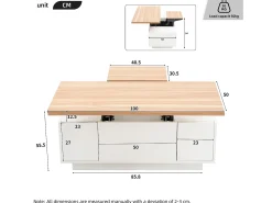 Mesa de centro moderna 100x50x40 cm - com 2 portas - mecanismo duplo de elevação - compartimento oculto - Branco+Natural