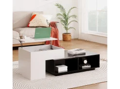 Mesa de centro modular 115x60x43cm com tampo elevatório, armazenamento integrado, branco e preto