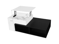 Mesa de centro modular 115x60x43cm com tampo elevatório, armazenamento integrado, branco e preto