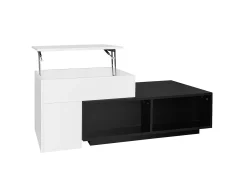 Mesa de centro modular 115x60x43cm com tampo elevatório, armazenamento integrado, branco e preto