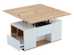 Mesa de centro multifuncional elevável - a escrivaninha pode ser desdobrada em duas mesas - Branco + Natural claro