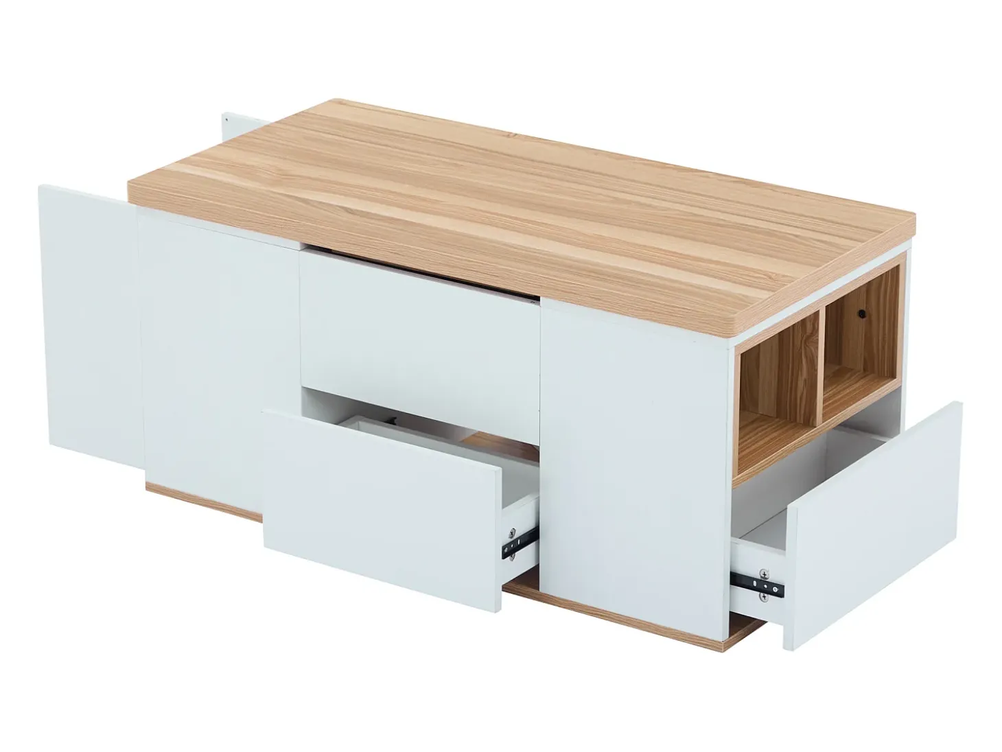 Mesa de centro multifuncional elevável - a escrivaninha pode ser desdobrada em duas mesas - Branco + Natural claro