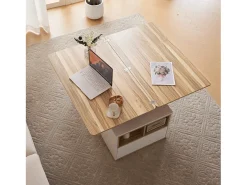 Mesa de centro multifuncional elevável - a escrivaninha pode ser desdobrada em duas mesas - Branco + Natural claro