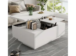 Mesa de centro multifuncional elevável com armazenamento oculto, branco puro, estrutura de MDF