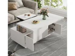 Mesa de centro multifuncional elevável com armazenamento oculto, branco puro, estrutura de MDF