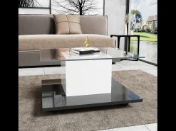 Mesa de centro móvel com rodízios giratórios - 80 x 80 x 40 cm - Vidro e aglomerado - LEDs - Branco e preto