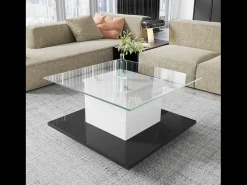 Mesa de centro móvel com rodízios giratórios - 80 x 80 x 40 cm - Vidro e aglomerado - LEDs - Branco e preto
