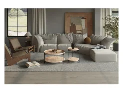 Mesa de centro NORWYN – Cor carvalho envelhecido – Mesa de centro redonda Ø45 cm – MDF – Design compacto e original