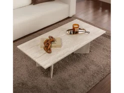 Mesa de centro oval branca 119x60cm efeito travertino TOPI