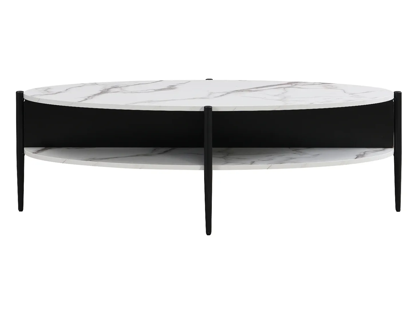 Mesa de centro oval com 4 nichos em MDF e metal efeito mármore branco e preto - EVARO