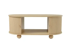 Mesa de centro oval com espaço de arrumação e portas de correr - Cor madeira