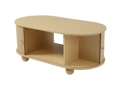 Mesa de centro oval com espaço de arrumação e portas de correr - Cor madeira