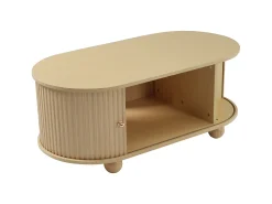 Mesa de centro oval com espaço de arrumação e portas de correr - Cor madeira