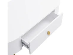 Mesa de centro oval 108x50x40 com 2 gavetas, estrutura branca com puxadores e pés em metal dourado.