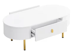 Mesa de centro oval 108x50x40 com 2 gavetas, estrutura branca com puxadores e pés em metal dourado.
