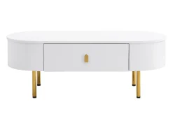 Mesa de centro oval 108x50x40 com 2 gavetas, estrutura branca com puxadores e pés em metal dourado.