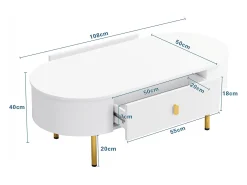 Mesa de centro oval 108x50x40 com 2 gavetas, estrutura branca com puxadores e pés em metal dourado.