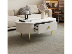 Mesa de centro oval 108x50x40 com 2 gavetas, estrutura branca com puxadores e pés em metal dourado.