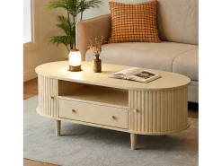Mesa de centro para sala de estar - 100 x 50 x 36 cm - com gaveta + espaço de armazenamento aberto + portas de correr - MDF - cor natural