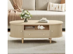 Mesa de centro para sala de estar - 100 x 50 x 36 cm - com gaveta + espaço de armazenamento aberto + portas de correr - MDF - cor natural