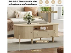 Mesa de centro para sala de estar - 100 x 50 x 36 cm - com gaveta + espaço de armazenamento aberto + portas de correr - MDF - cor natural