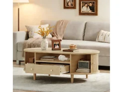 Mesa de centro para sala de estar - 100 x 50 x 36 cm - com gaveta + espaço de armazenamento aberto + portas de correr - MDF - cor natural
