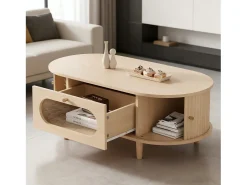 Mesa de centro para sala de estar - 100 x 50 x 36 cm - com 1 gaveta + portas de correr - MDF - cor natural